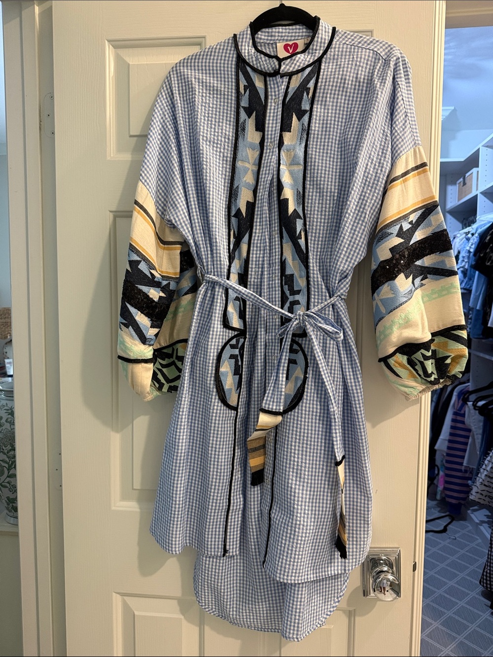 Light Blue Gingham Midi Dress with Printed Sleeve Panels and Belt